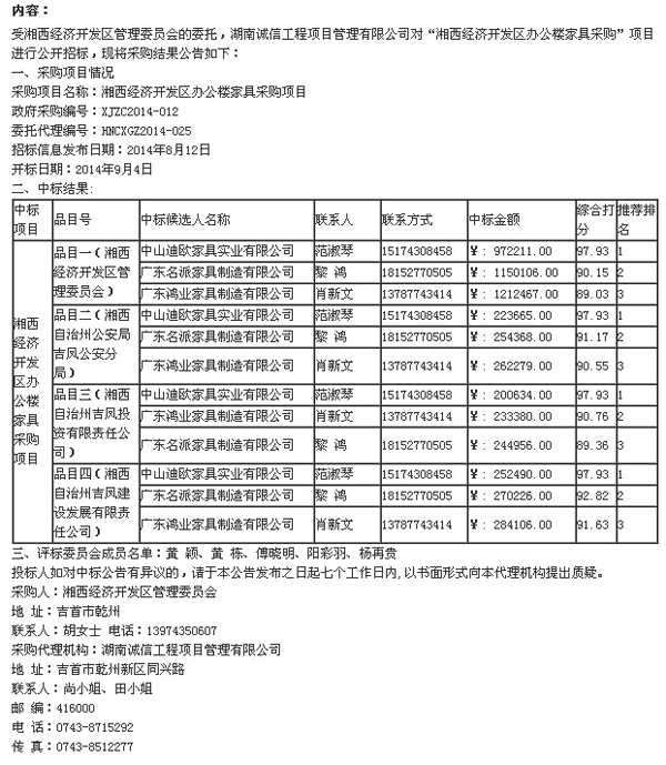 湘西经济开发区中标公告